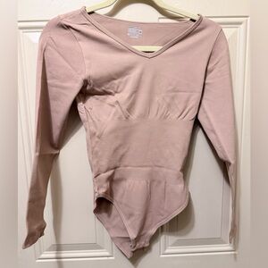 MRGINT Bodysuit in Tan Size Medium V Neck Long Sleeved Snap Closure NWOT